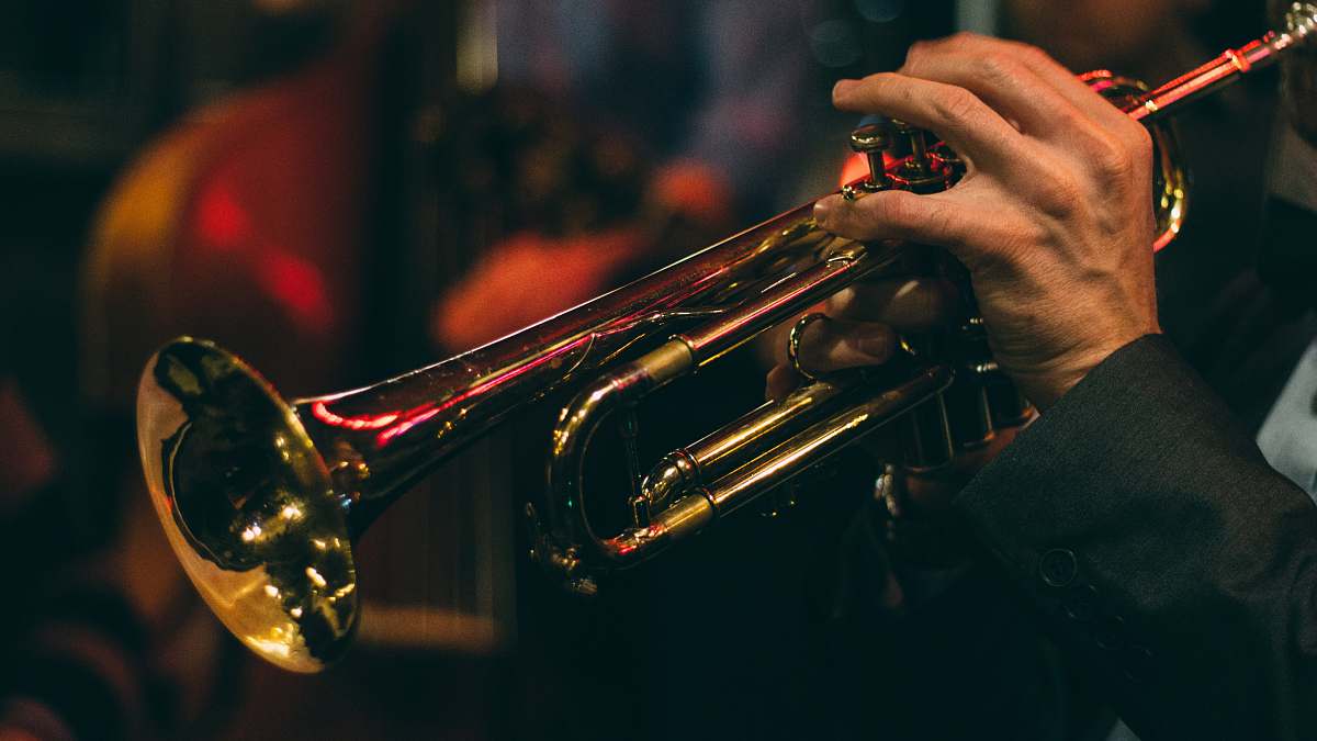 brass section person playing trumpet during night time flugelhorn